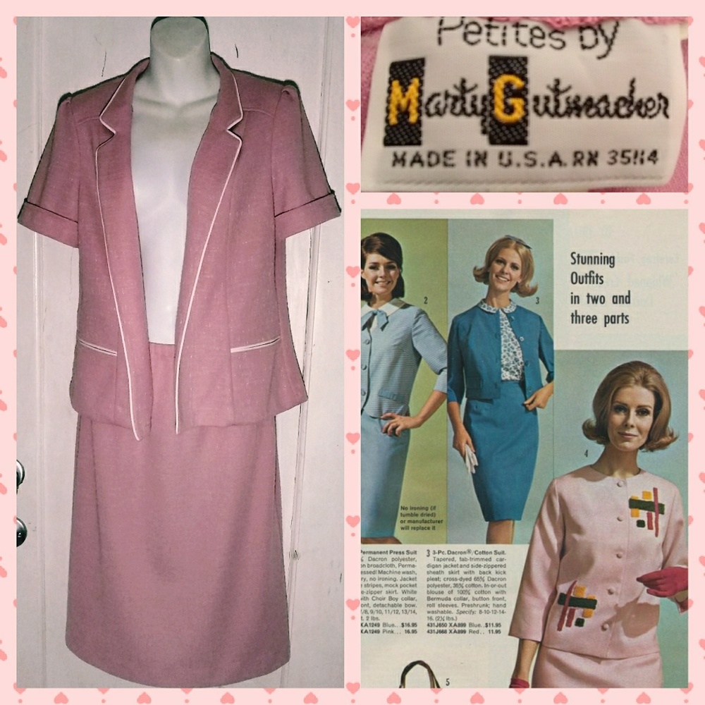 VTG 60s/70s 2-Piece Skirt Suit Pink/White Piping